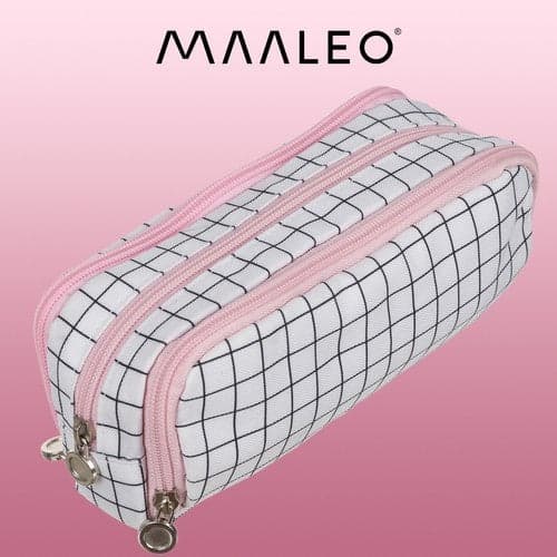 Pencil case 3 compartments with zipper, checkered white/black 26 cm