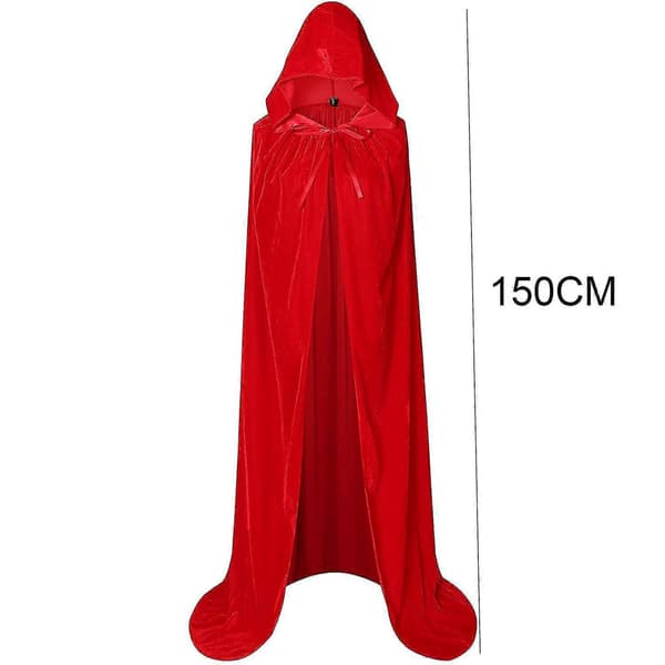 Lang hettekappe i fløyel for Halloween, jul og kostymefester, 150 cm