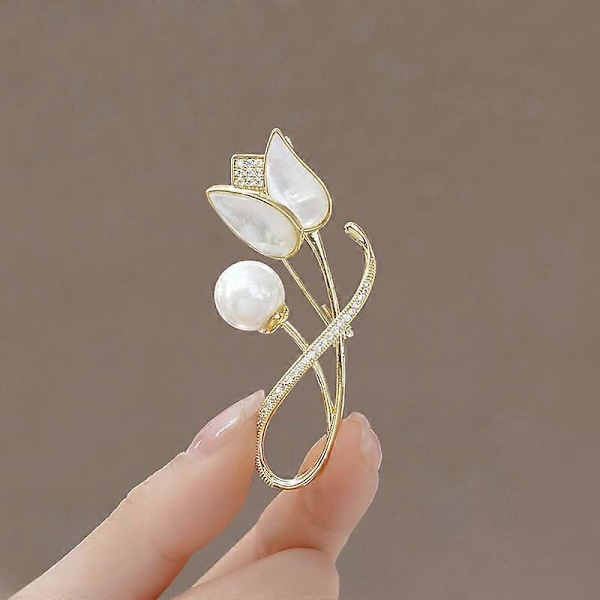 Shell Tulpan Blomma Brosch Nål för Kvinnor Flickor Mode Kristall Delikat Pärla Strass Broschen Slagstift Elegant Klänning Tillbehör