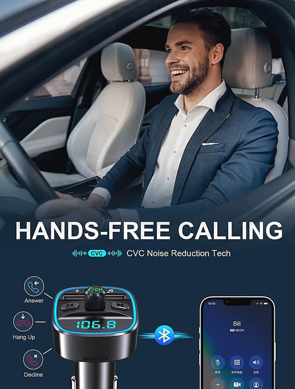 Bluetooth Biladapter MP3-spiller FM-sender, Håndfri Oppringing, Doble USB-porter (5V/2.4A & 1A)