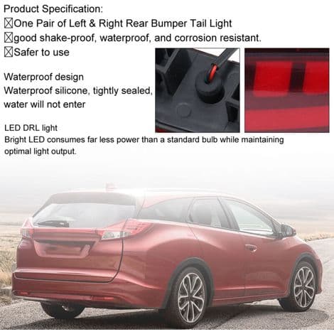 2 stk. LED-baklykter til bakfangeren på en 2016-2017 Civic, bremselys, tåkereflektor, osv.