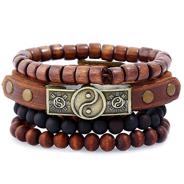 4-pack Handgjorda Läderarmband Herrarmband Träkulor Sten Brun