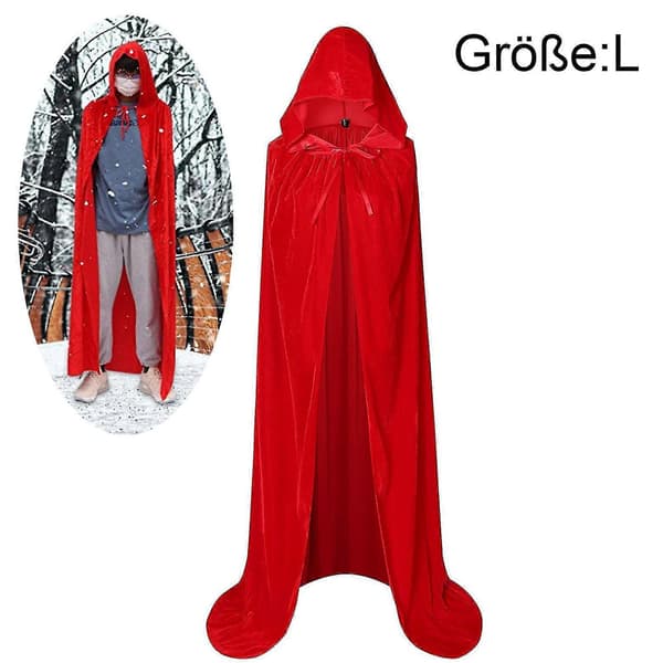 Lang hettekappe i fløyel for Halloween, jul og kostymefester, 150 cm