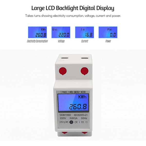 Energimätare, Enfas DIN-skena 5-80A 220V 50Hz Elektronisk KWh-mätare med LCD-bakgrundsbelysning Digital Display DDM15SD