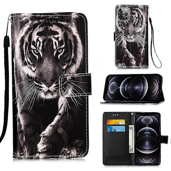 Kompatibel med iPhone 12 Pro Etui Læder Flip Wallet Cover med Kort Slot Holder Støttefod Mønster - Tiger