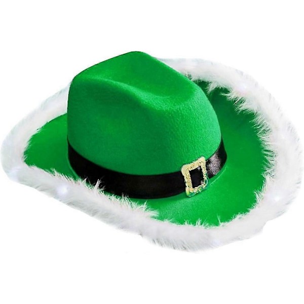 Jouluinen valaistu cowboy-hattu, länsimainen ry-reuna, vihreä LED-joulupukkihattu