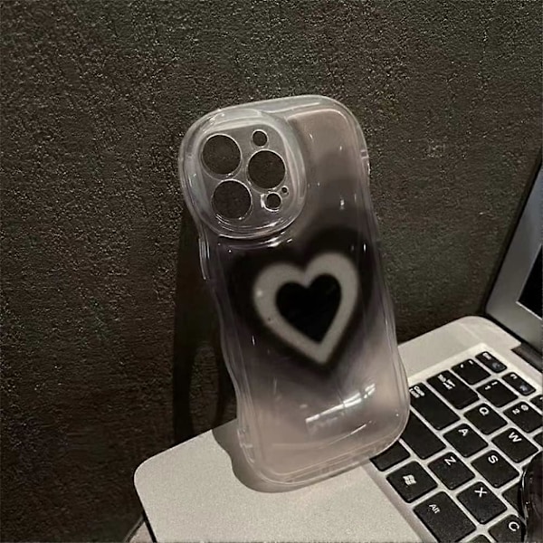 iPhone 14 Pro Max -kuori, söpö esteettinen musta sydän, läpinäkyvä puhelinkuori teinitytöille ja naisille [Kameran linssin suojaus] [Aaltoileva kehys]