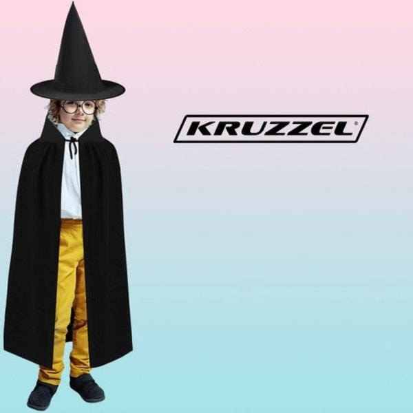 Tryllekunstnerkostume til børn, sort, 4 dele, kappe 90 cm, hat, tryllestav, briller