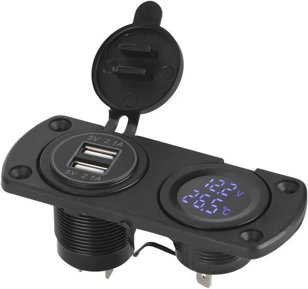 Bilopladerpanel Stik Temperatur Voltmeter Dobbelt Strømstik Oplader 12V USB Cigarettænderstik med LED Digital Voltmeter til Biler, Båd