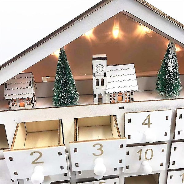 24 Dages Hvid Træ LED Julekalender Opbevarings Skuffe