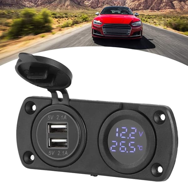 Bilopladerpanel Stik Temperatur Voltmeter Dobbelt Strømstik Oplader 12V USB Cigarettænderstik med LED Digital Voltmeter til Biler, Båd