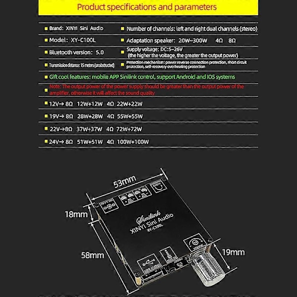 XY-C100L HIFI 100WX2 Bluetooth 5.0 Høj Digital Stereo Forstærker Board AUX USB AMP Amplificador Hom