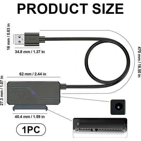 SATA til USB 3.0-kabel, SATA til USB 3.0-adapter for 2,5\" og 3,5\" HDD/SSD-harddisker, 5 Gbps ekstern harddiskadapterkabel kompatibel med Windows