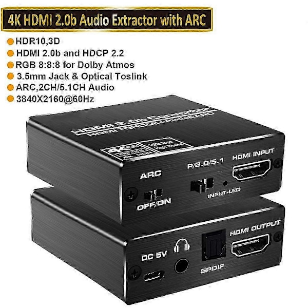2022 4K 120Hz HDMI 2.0 Audio Extractor ARC HDMI Audio Extractor Splitter HDMI Til Audio Extractor Optisk TOSLINK SPDIF ny