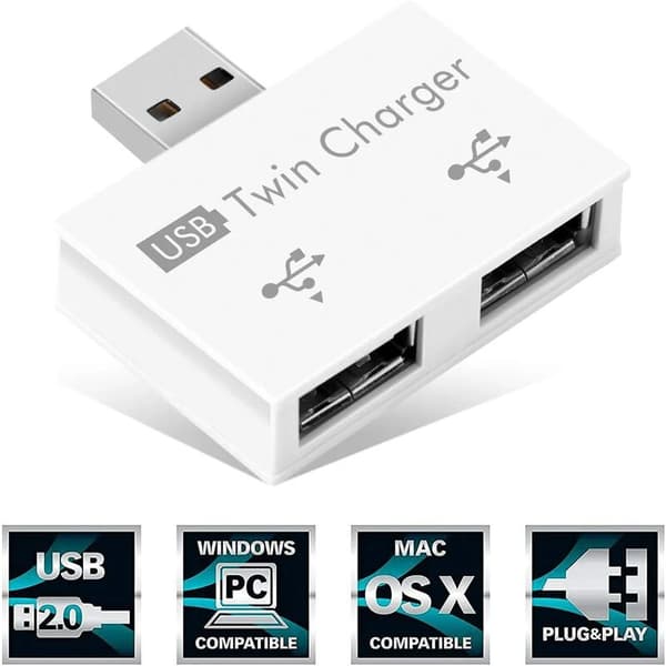 2x USB 2.0 2-ports bærbar USB-hub, han til dobbelt USB hun-adapter til bærbare og stationære computere (hvid)