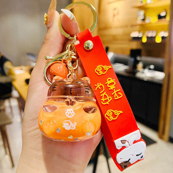 Tecknad Lucky for Cat Flytande kvicksand nyckelring Söt Maneki Neko Bag Charm för K Rosa