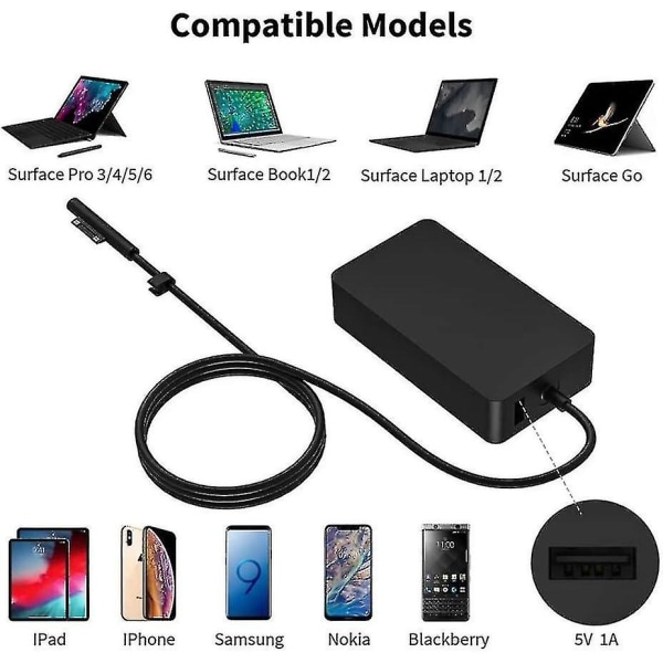 Oplader til Surface Book, 15v 4a 65w Surface Pro Oplader Strømforsyningsadapter, Kompatibel med Microsoft Surface Book Surface Laptop Surface Pro 7 6 5