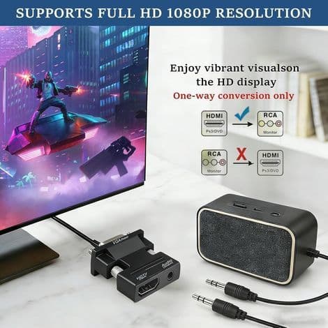 HDMI til VGA-konverter med 1080p lyd, HDMI hun til VGA han-adapter med 3,5 mm lydkabel, videoadapter til pc, bærbar computer, Xbox, HDTV