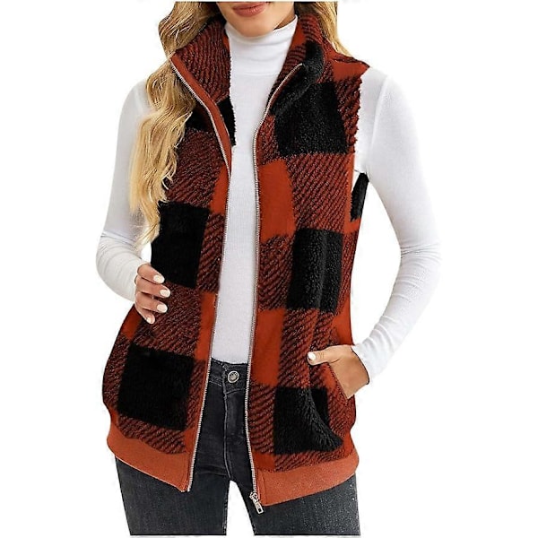 (M) Dame Mote Rutete Fleece Vest Casual Fuzzy Ermeløs Fuzzy Sherpa Vest Fluffy Glidelåsjakke Varmt Yttertøy