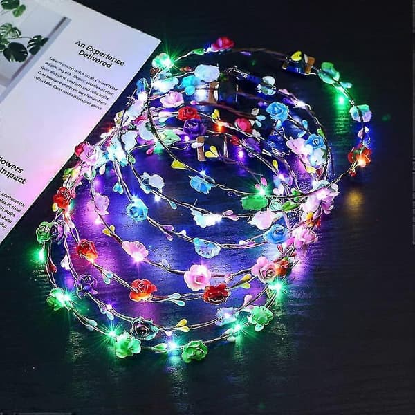 Pakke med 10 LED blomsterkranser, lysende blomsterhodeplagg for fest