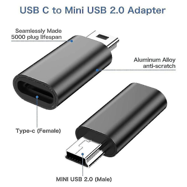 Mini USB - USB-C -sovitin - 4 kpl Mini USB uros - Type C naarinen muuntaja MP3-soittimille