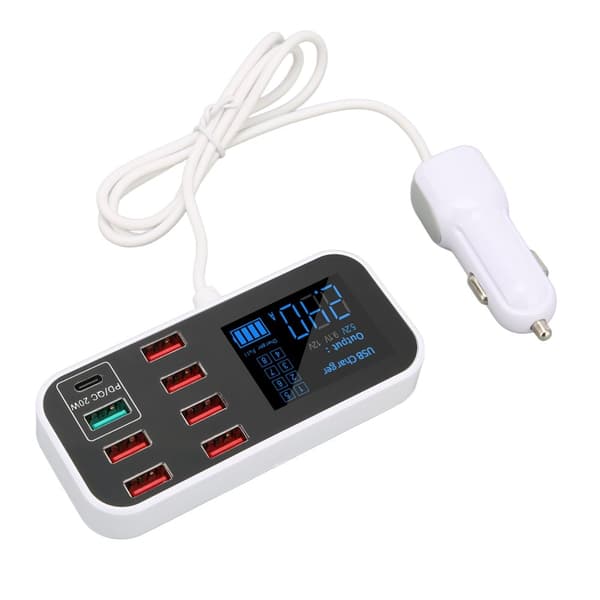 A9S+ 8-Port Car Charger 40W Fast Charging QC 3.0 USB C Multiple USB Charging Station with LCD for Car Multiple Devices