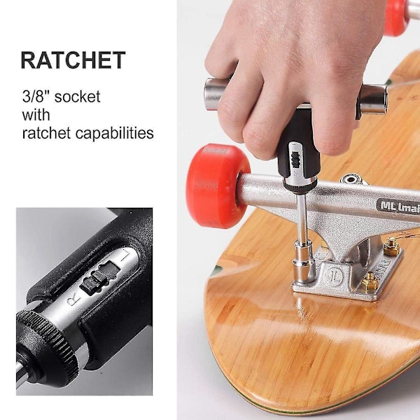 Skate Tool Alt-i-ett Multifunksjons Ratchet Skateboard Verktøy Med Skateboard Griptape Eraser Kit