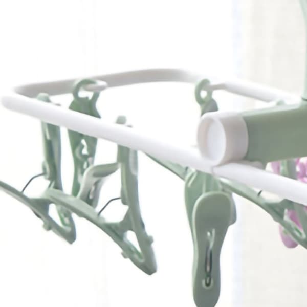 Foldable Plastic Drying Rack with 12 Clips for Underwear and Socks - Windproof and Non-slip - Nordic Green