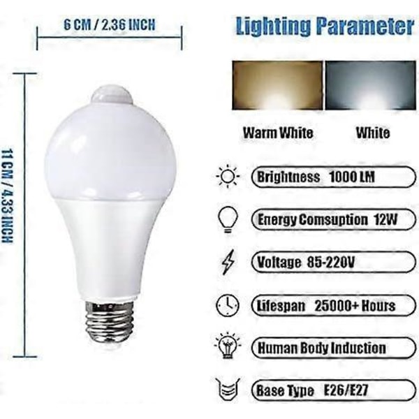 12W E27 PIR Infrarød LED Pære med Bevægelsessensor ON/OFF Automatisk A60 220V 1000lm Svarer til 100W Halogen til Trapper Gang Garage (600