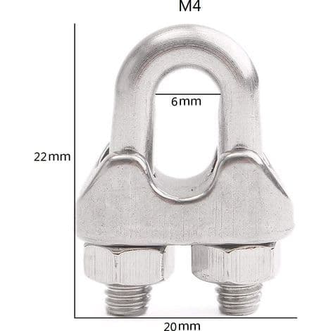 M4 pakke med 12 rustfrie ståltauklips for 4 mm diameter ståltau