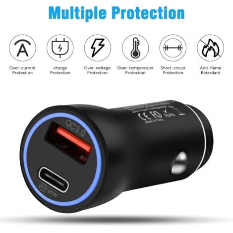 USB Billader PD&QC, Hurtiglader iPhone Bil, Rask USB Sigarettennerlader, Mini Billader
