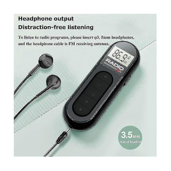 Mini taskuradio, ladattava, kannettava 76-108 MHz radiovastaanotin taustavalaistulla LCD-näytöllä ja langallisilla 3,5 mm kuulokkeilla - JA