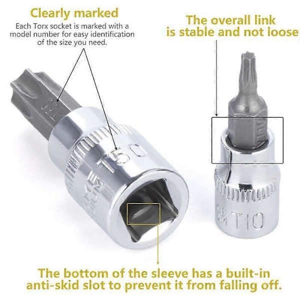 13 stk. Torx Pipesett, T8 - T70 Pipebitssett, Hunn-Torxpiper, Torx Bit Pipesett, Krom Vanadium Stål 1/4\", 3/8\" og 1/2\" Feste
