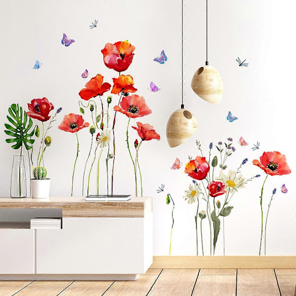 Vallmo Väggdekorationer Väggdekaler Mural Trädgårdsblomma Fjärilsdekaler för Flickors Sovrum Vardagsrum Barnrum, 30*60cm