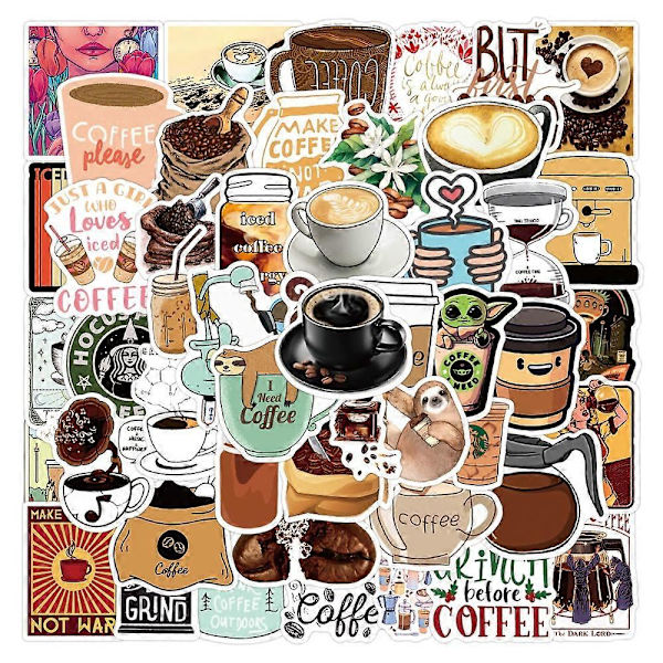 50 Kaffeklistremerker, Vinyl Kaffe Vannflaske Klistremerkepakke for Kaffegaver, Kaffefestgaver, Kaffetilbehør