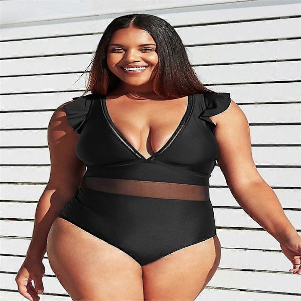 Dam baddräkt i stora storlekar, hel baddräkt, enfärgad med meshdetaljer, plus size, XXXL