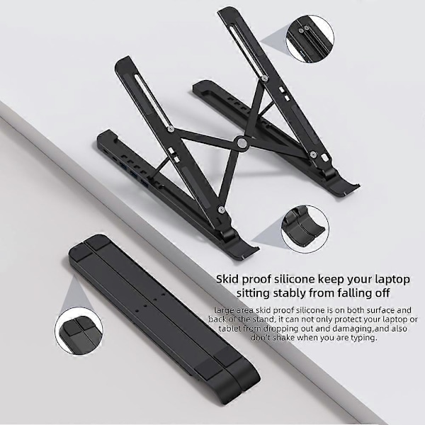 Type A X5U Alumiiniseos Kannettavan Tietokoneen Teline Koroke USB-keskitin 3xUSB+2xType-C-portilla, 6 Korkeustasoa
