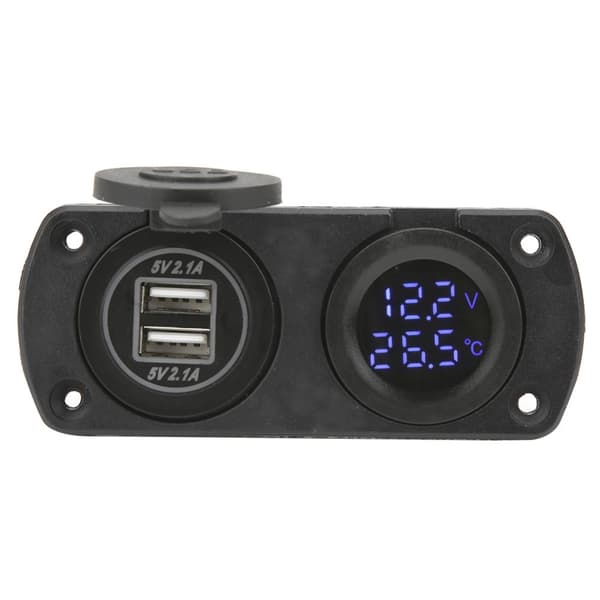 Temperatur Voltmeter Oplader Bil Dobbelt USB 12V Strømstik Cigarettænderstik Blå