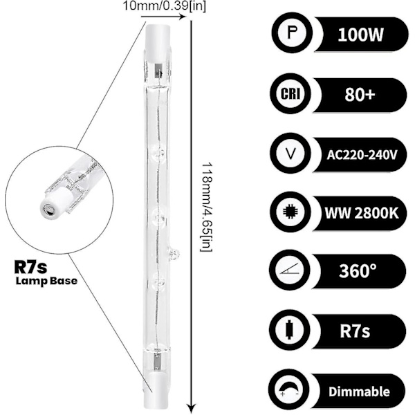 100w 118mm R7s Dimbar Halogen Pære Varmt Hvit 2800k R7s Lineær 1500lm Spotlight Ac220-240v(5stk)_th
