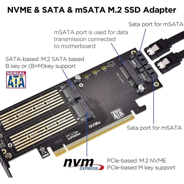 3 i 1 M.2 och Msata SSD-adapterkort för M.2 Nvme/ngff SSD till Pcie-adapter, Msata till Sata-adapter med aluminiumkylfläns för Windows, Mac och Linux OS