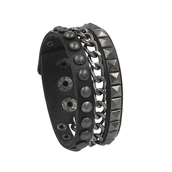 Män Kvinnor Punk Rock Äkta Läder Multi Lager Spik Dubbad Nitar Rem Wrap Biker Läder Manschett Armband Bangle Armband, Svart