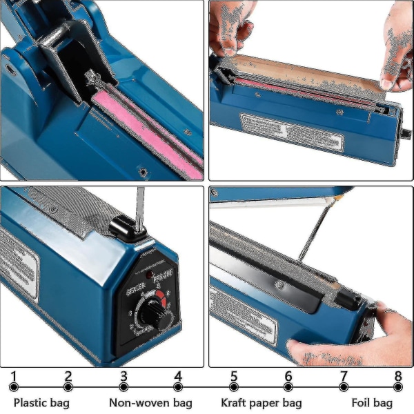 200mm Varmeforsegler Plastikposeforsegler Impulsforsegler Blå Vakuum Madforsegler Posepakningsmaskine