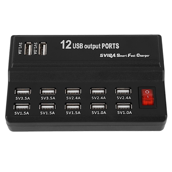 EU-typ 12-portars USB-hubb laddningsstation, 5V 10A nätadapter för hem och resor