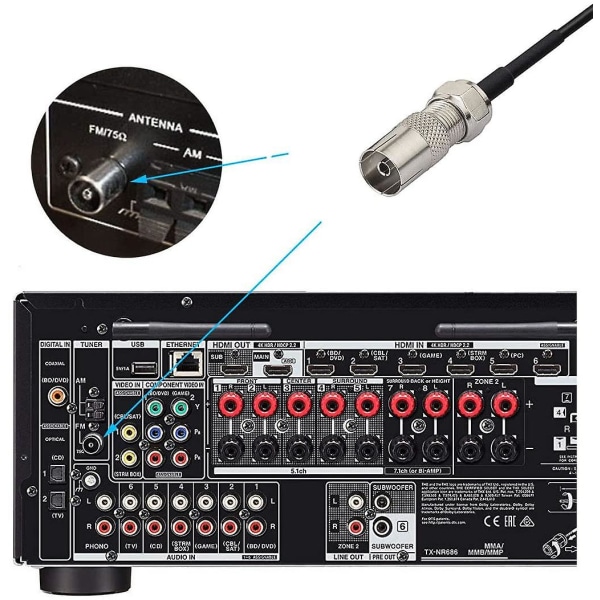 FM-radioantenni 75 ohmin F-sovittimella, magneettijalusta ja 5 metrin jatkojohto