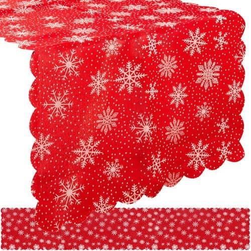 Julebordsløper rød med hvite snøflak 220x35 cm polyester