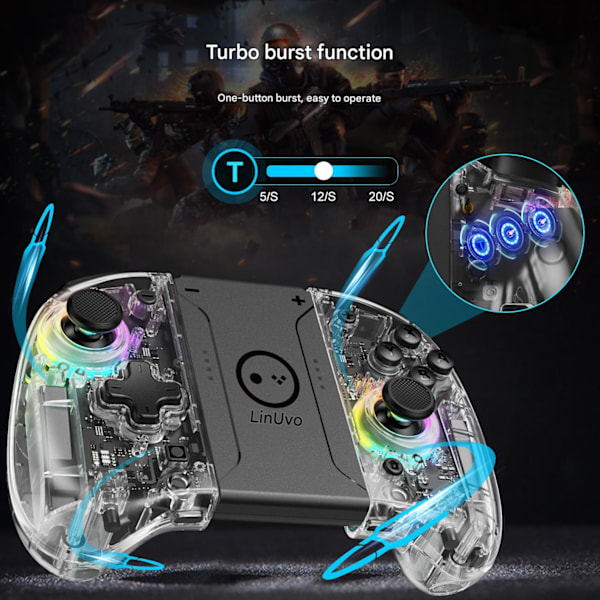 Transparent Joypad til Switch, 6-Akset Trådløs Induktionscontroller, Justerbar Gamepad
