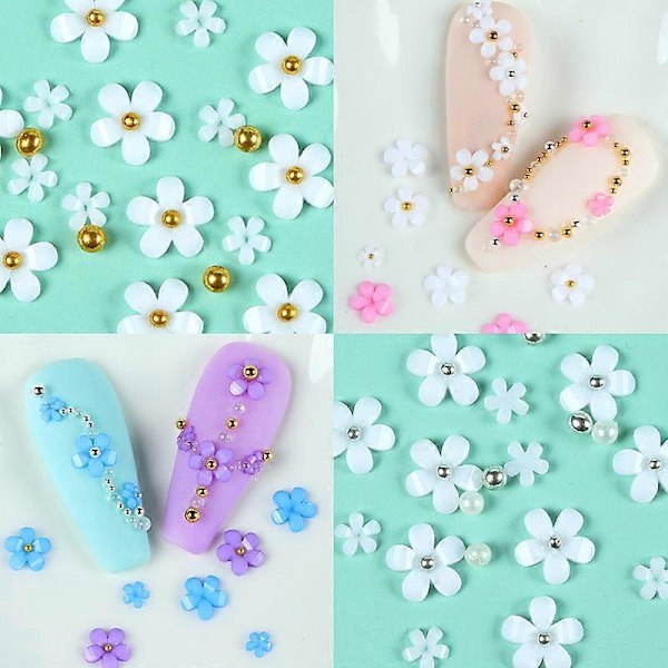 3D blommor nagelkonst smycken blomma applikation hänge vitguld pärlblomma design, nagelkonst tillbehör