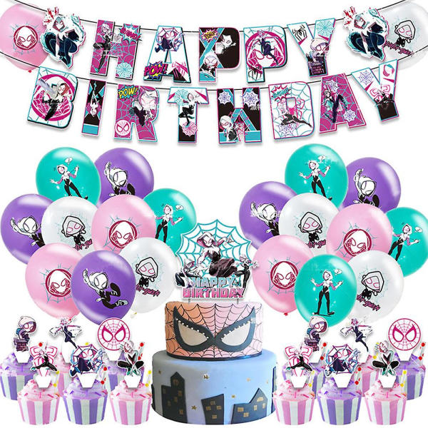 Spider Gwen Spiderman Happy Birthday Party Tilbehør Dekorationssæt Til Børn Unisex