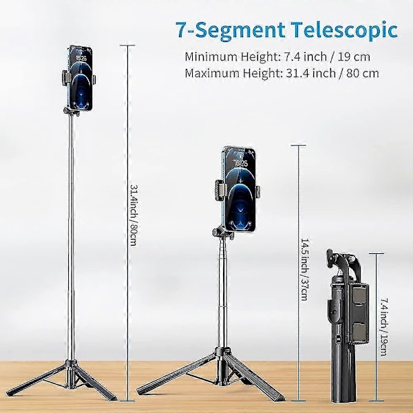 Selfie Stick Tripod med Bluetooth Fjernbetjening. 3 I 1 Trådløs 360 Graders Rotation Selfie