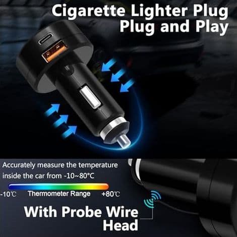 3 i 1 12V Bilvoltmeter, Cigarettænder med Digital Temperatur-/Spændingsdisplay -